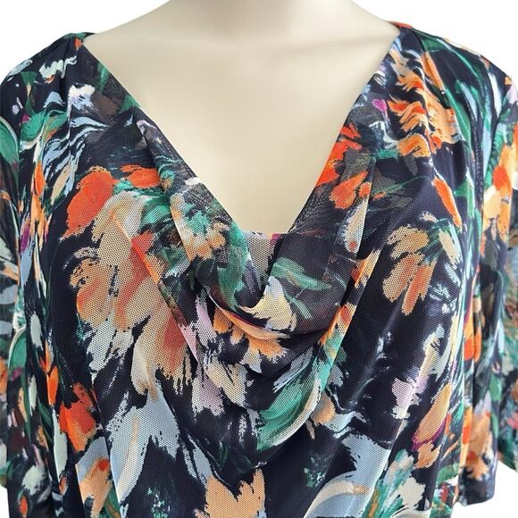 Enfocus Studio Blue Floral Sheer Mesh Overlay Cowl Neck Dress 1/2 Sleeve Size 14 - Picture 2 of 7